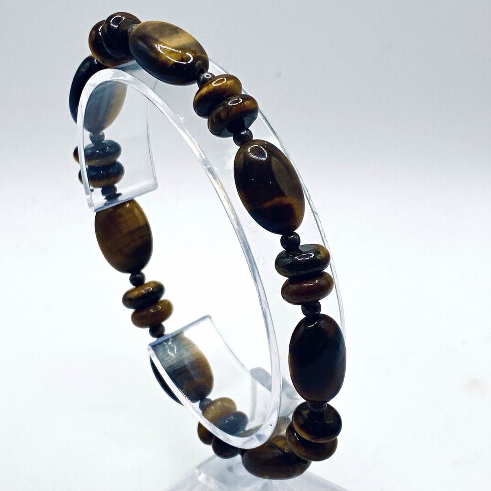 Tiger's Eye Beaded Stretch Bracelet Brown Black Oval Gemstone No Clasp